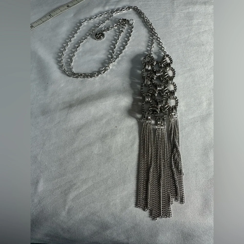 Long chain mail vibe silvertone statement necklace